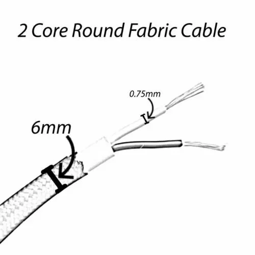 10m round light green braided fabric 2 core electric cable, 6mm diameter, copper and PVC core.
