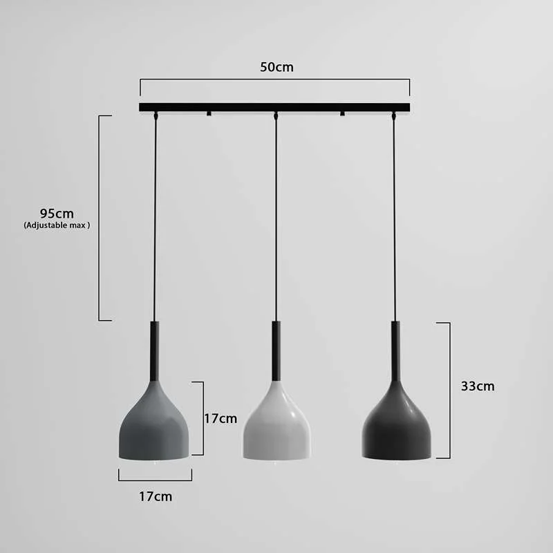 Three‑way adjustable ceiling pendant light with metal construction and black, white or grey shades, 95 cm adjustable cable.