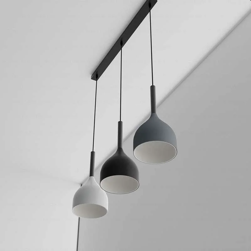 Modern 3‑way pendant light with metal/wood frame, black & gray shades, adjustable 95cm cable, E27 bulb holder pendant