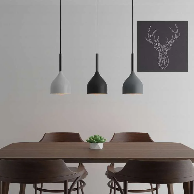 Modern dimmable ceiling pendant light with 3 metal shades in black, white or gray, adjustable hanging, E27 sockets