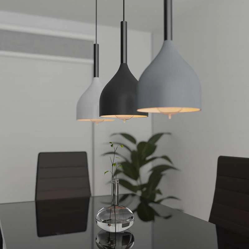 3 way pendant light with metal frame, three shades in black, white, and gray, adjustable cables, modern industrial design.
