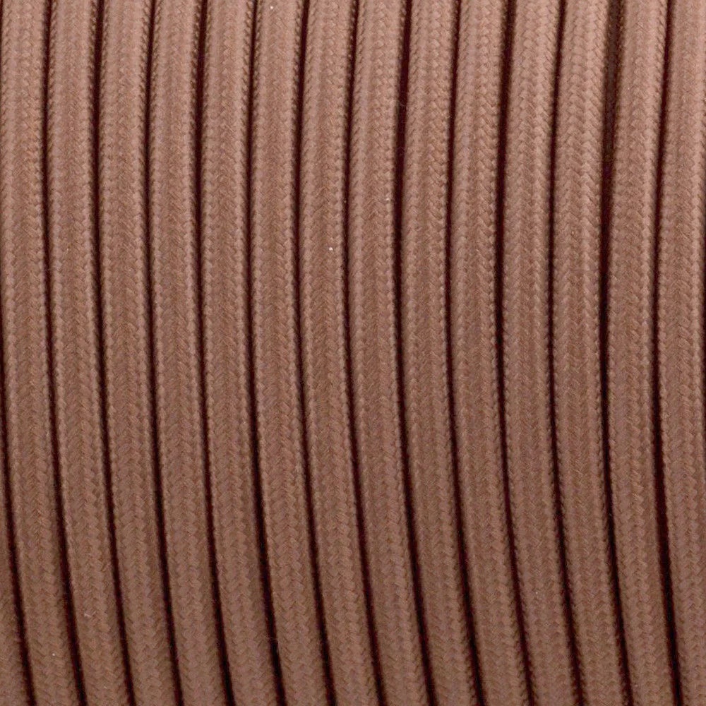 Brown fabric electric cable laid flat, showing a round 6mm diameter, two cores and a braided fabric finish.