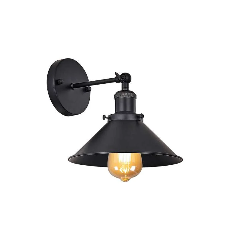 Adjustable arm wall light in black metal, 13.5cm arm, 10cm base, 21cm shade, mounted on wall, vintage industrial style.