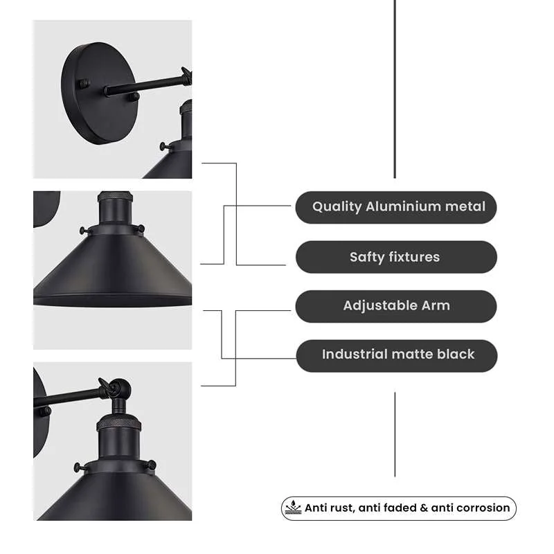 Black vintage adjustable wall light with metal base and angular arm, a stylish E27 wall light fitting for modern interiors.