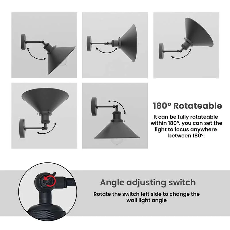 Vintage black metal adjustable wall light with a 21 cm shade, dimmable wall light, wall‑mounted industrial style.