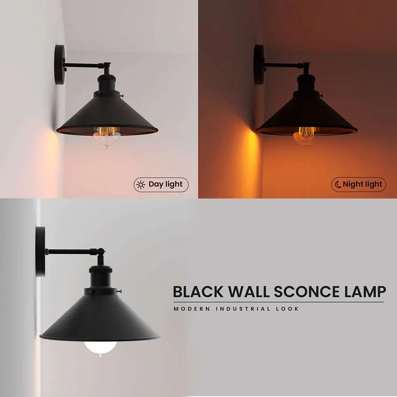 Black vintage industrial wall light with adjustable arm, metal base and round shade, ready for wall mounting.