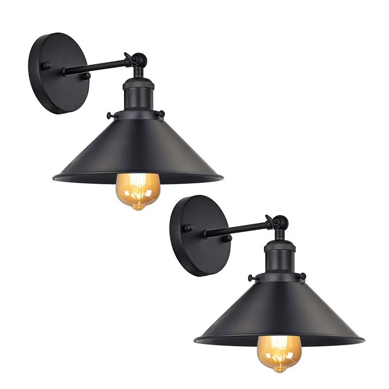Black metal vintage industrial wall light with adjustable arm, painted bulb, and lamp shade, wall‑mounted for indoor use