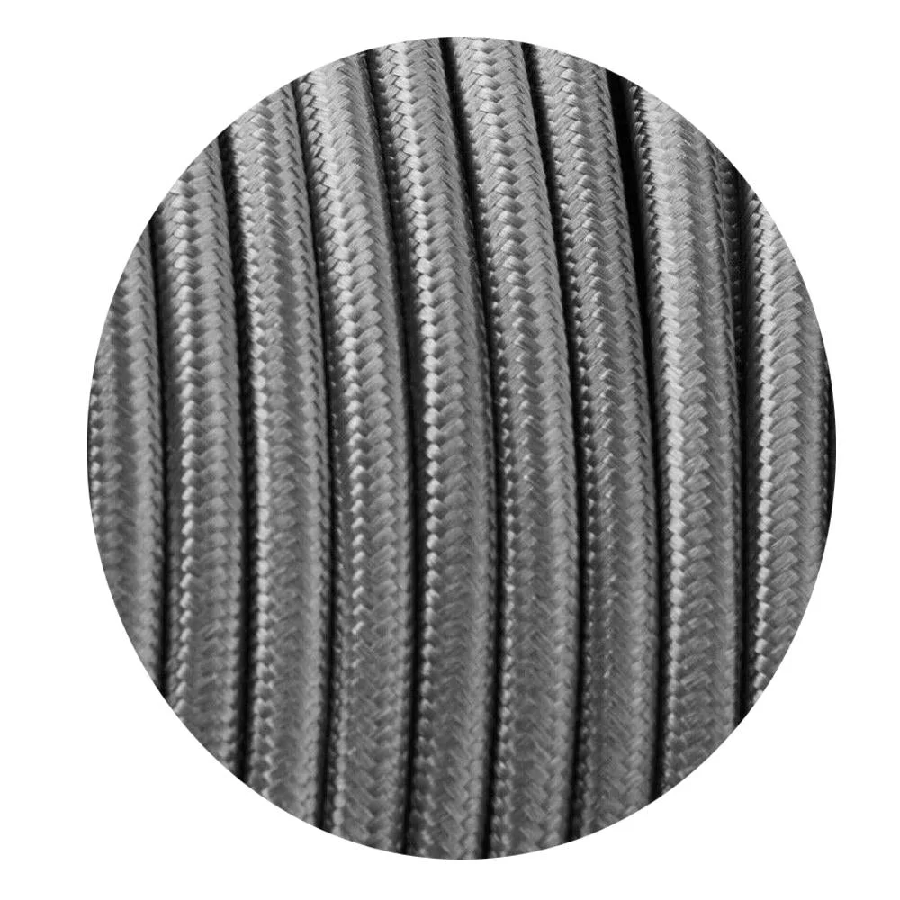 Vintage grey 2‑core round cable with braided fabric, featuring 0.75mm copper wire, shown coiled on a continuous roll