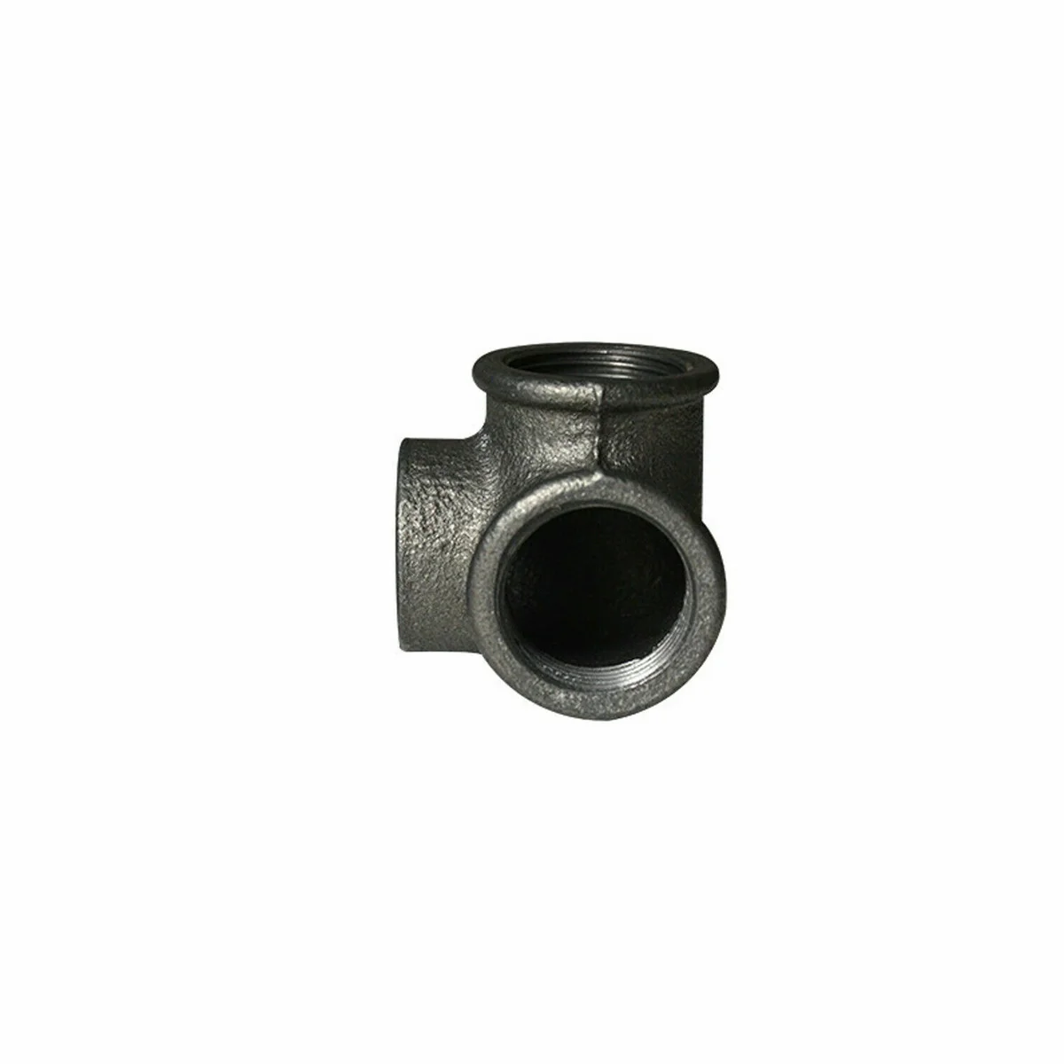 Four 3/4" malleable iron 3 way corner pipe fittings in vintage cast‑iron style, bundled together.