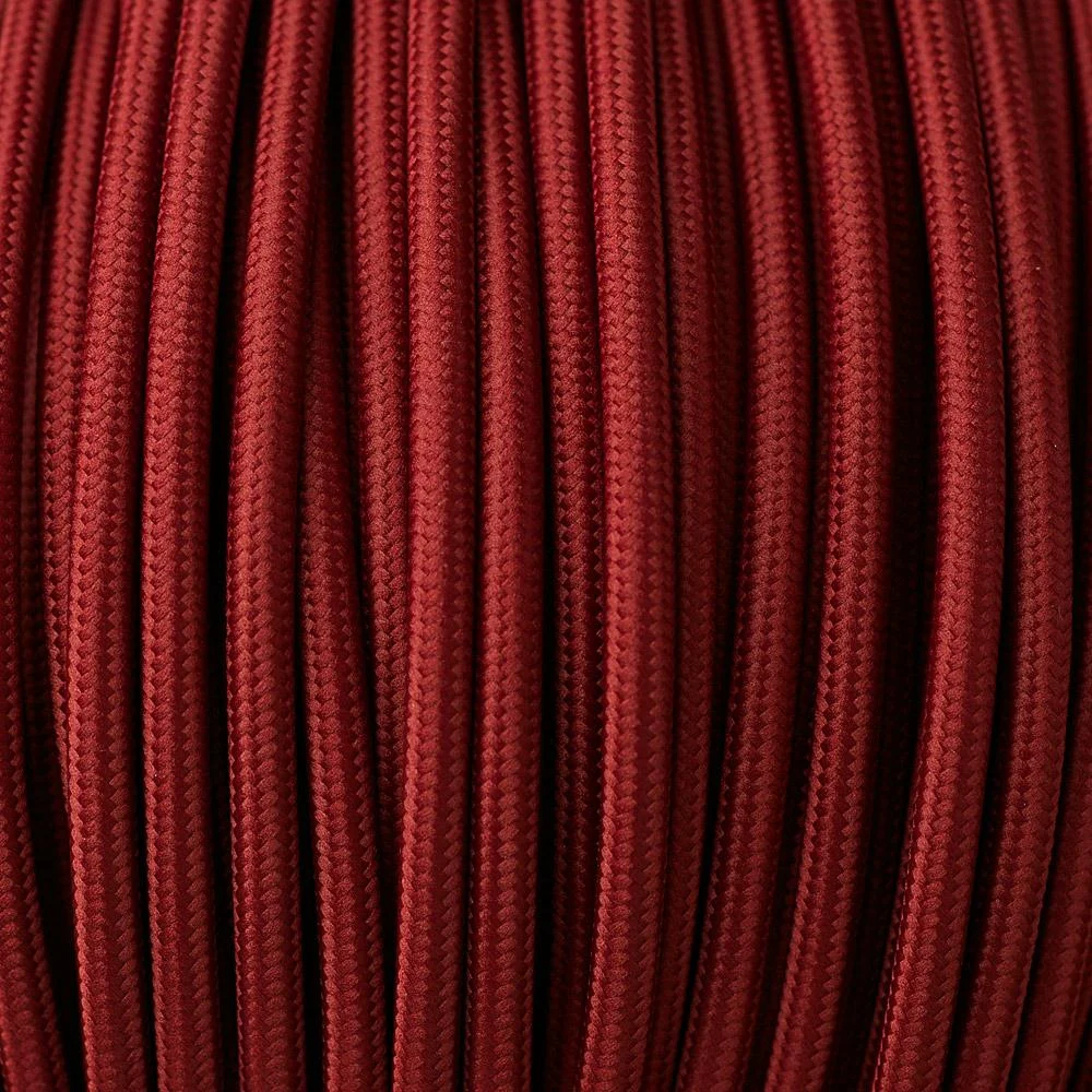 Burgundy cloth electrical cable with round twisted 2-core design, 6mm diameter, shown as a 5m segment.