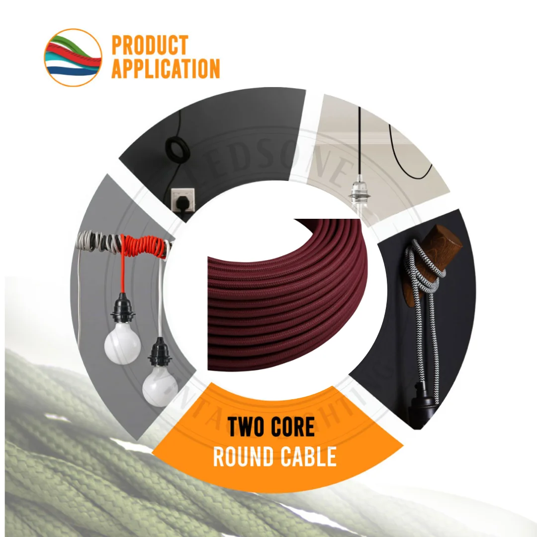 Burgundy rounded braided fabric electrical cord, 6mm diameter, 2 core with copper conductors and PVC insulation, 1m/5m/10m