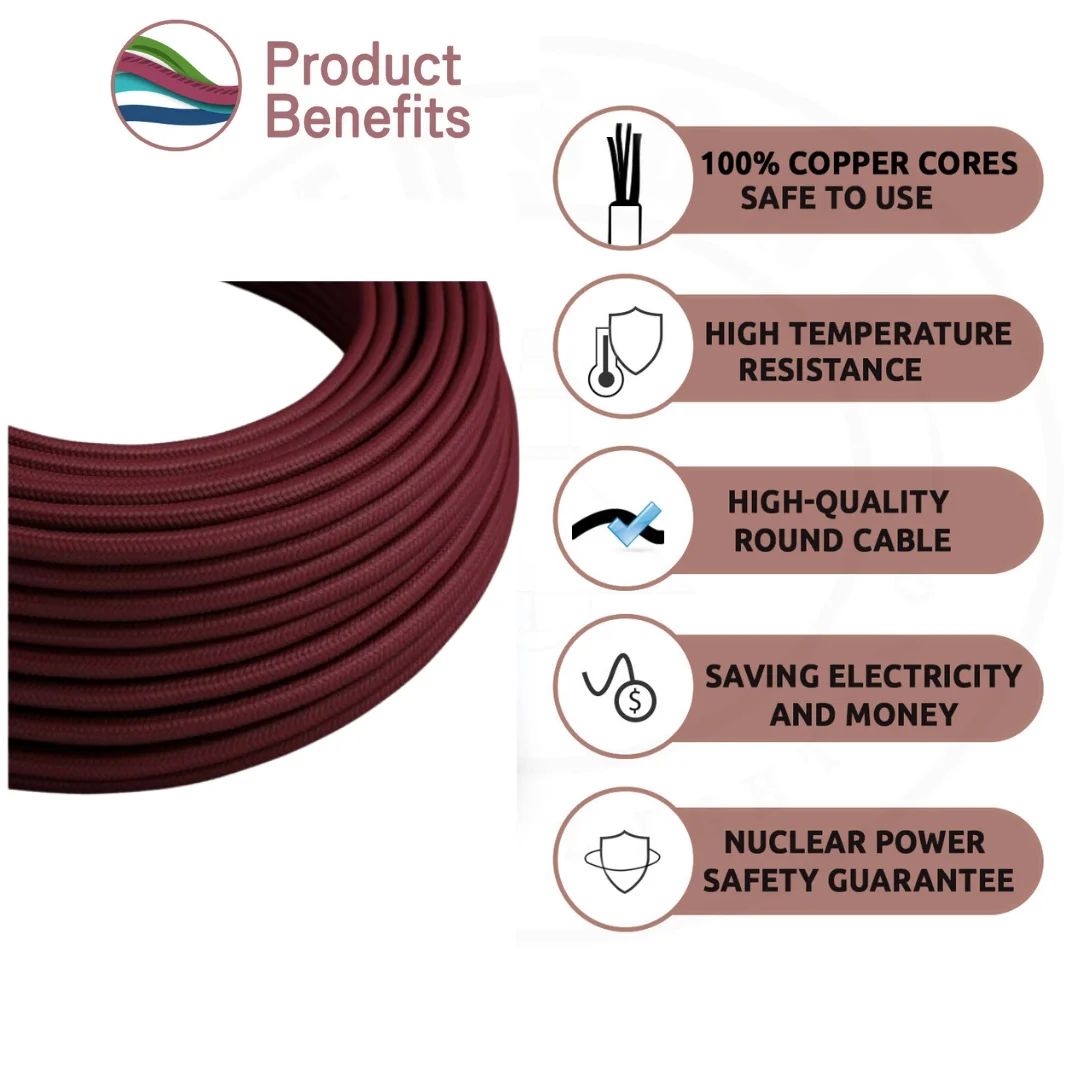 Burgundy cloth-covered 2‑core round electrical cable with twisted copper conductors, ideal for vintage lamp wiring