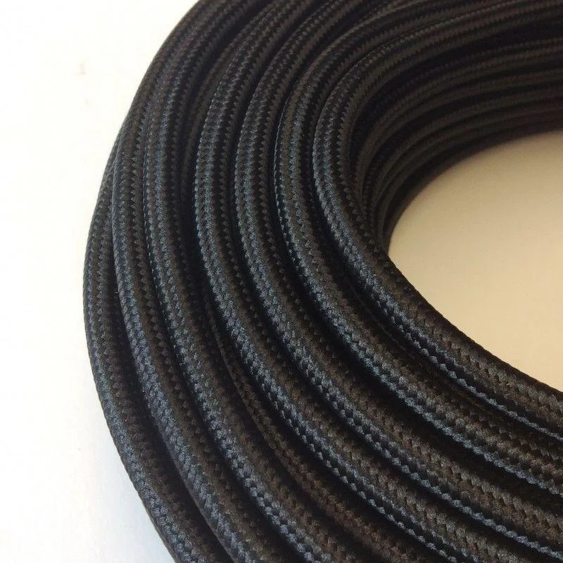 Long black braided 5m double insulated 2‑core cable with fabric finish for indoor lighting