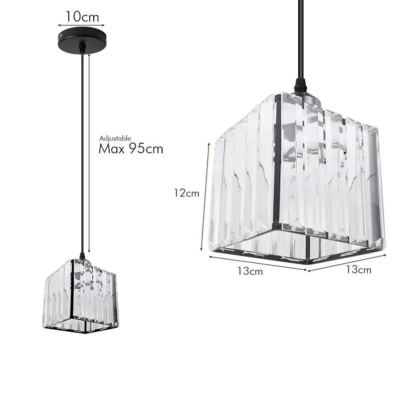 Square crystal glass pendant with polished chrome frame, sleek geometric design, modern ceiling light with E27 fitting