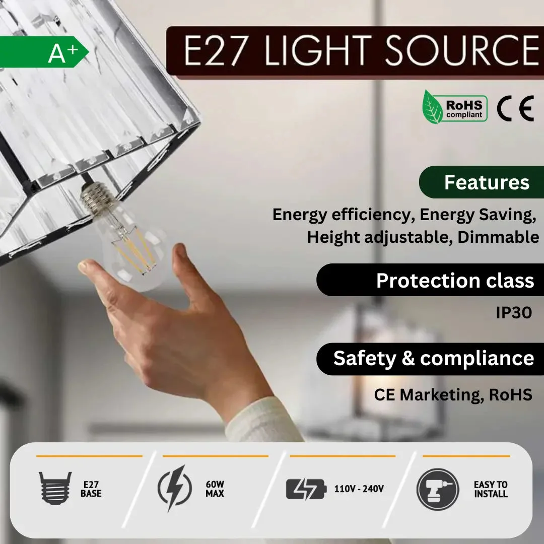 Square crystal glass pendant with polished chrome frame and adjustable hanging cable, E27 socket – chrome pendant light.