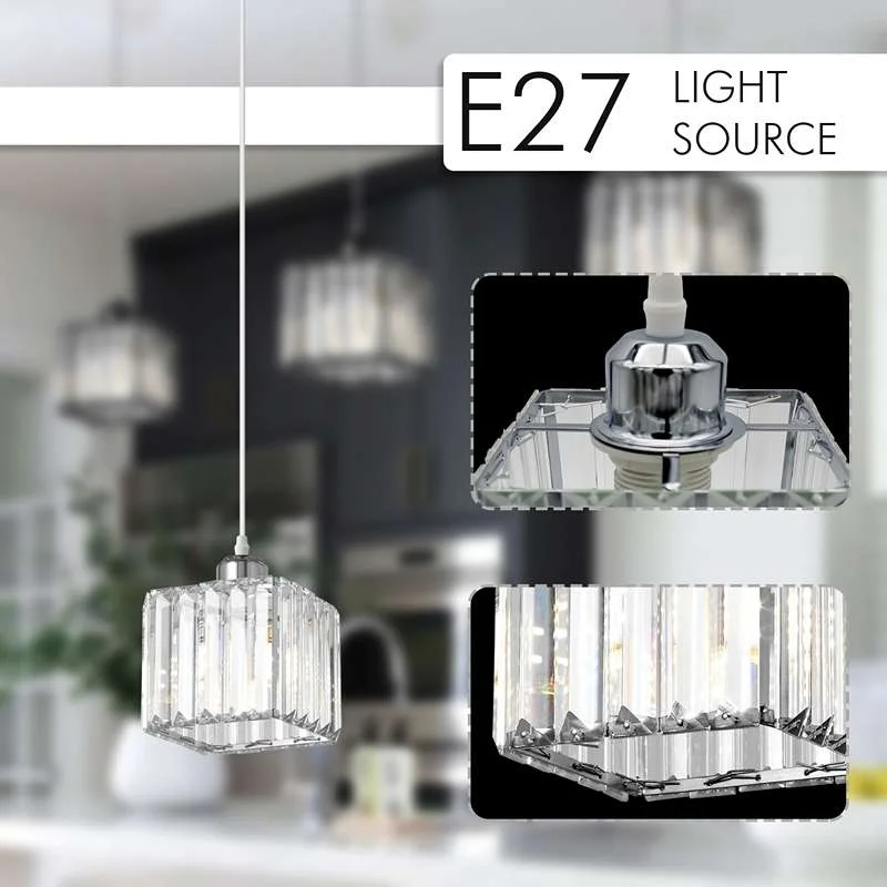 Square crystal glass pendant light with chrome frame, E27 socket, high‑clarity faceted glass, dimmable pendant light