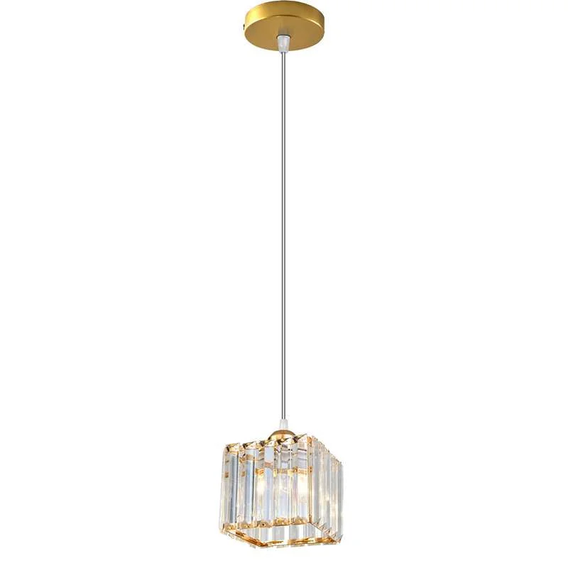 Square crystal pendant light with faceted crystal shade and polished chrome frame, suspended from adjustable cable.