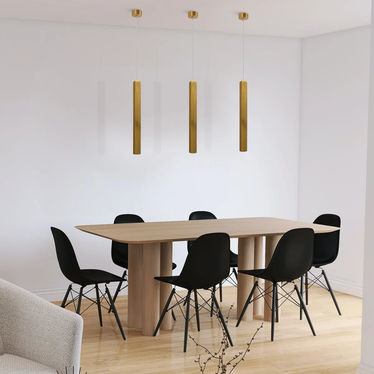 Modern pendant lighting cylinder LED pendant in black aluminium with gold option, sleek long tube, 5W COB bulb