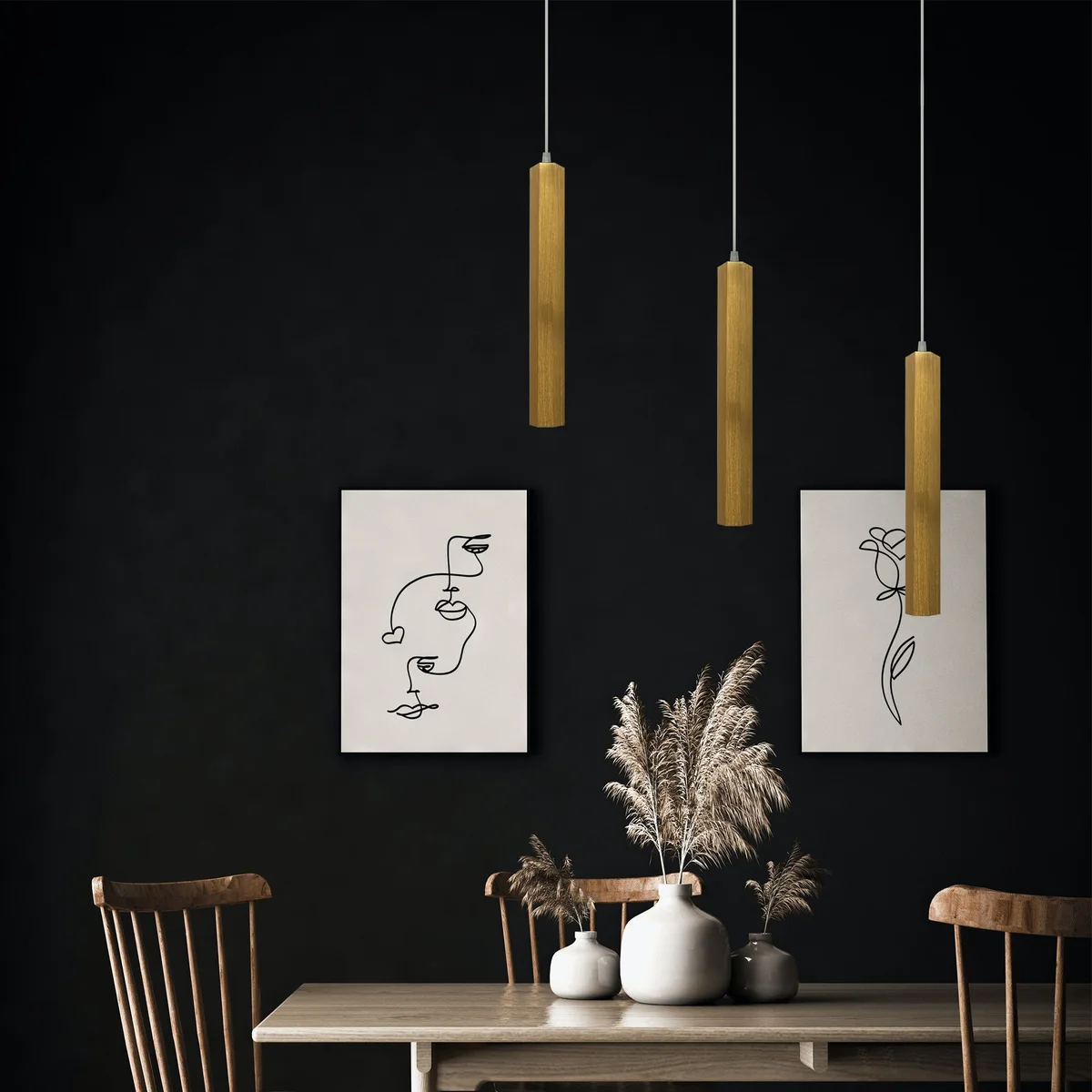 Black aluminium kitchen island pendant light with cylindrical LED tube, 5W COB, hanging from ceiling, adjustable height.