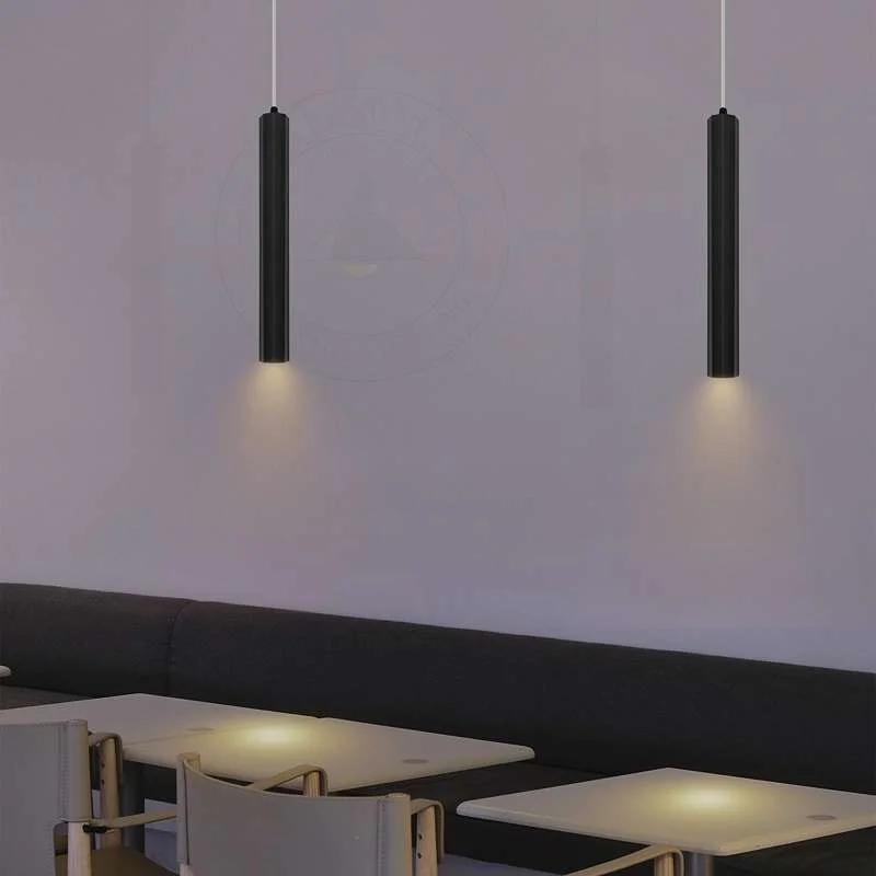 Modern black gold LED cylinder pendant light with sleek long tube and cylindrical spotlight