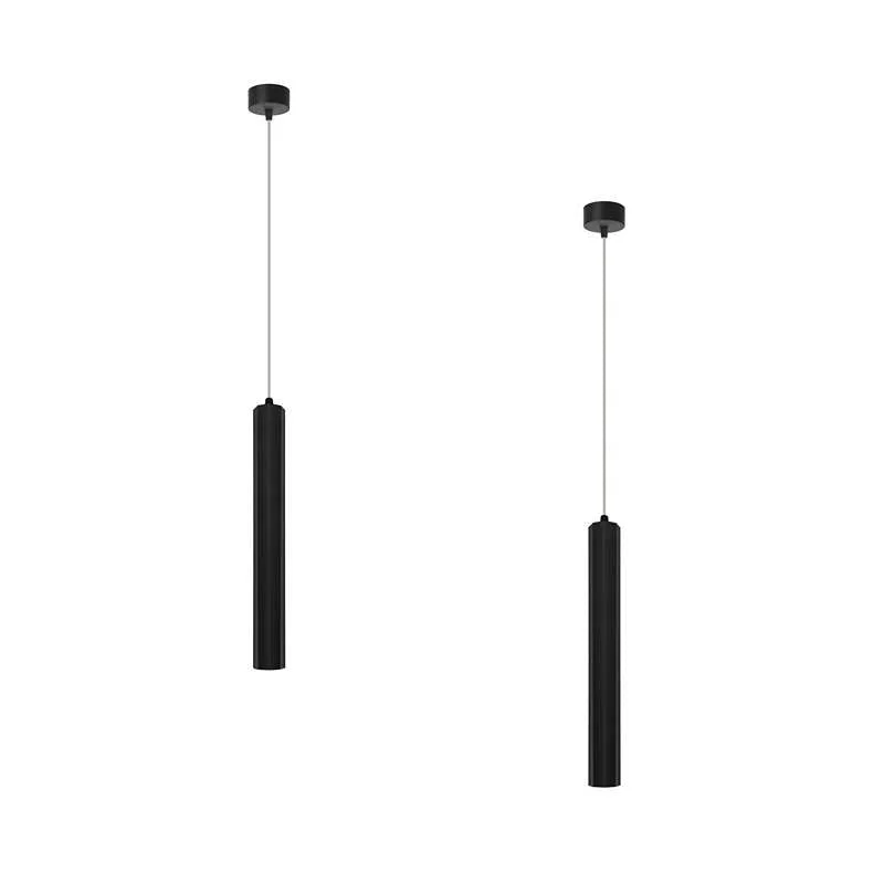 Black aluminium COB LED pendant light with sleek tubular design, cylindrical spotlight, adjustable height, ceiling mounted.