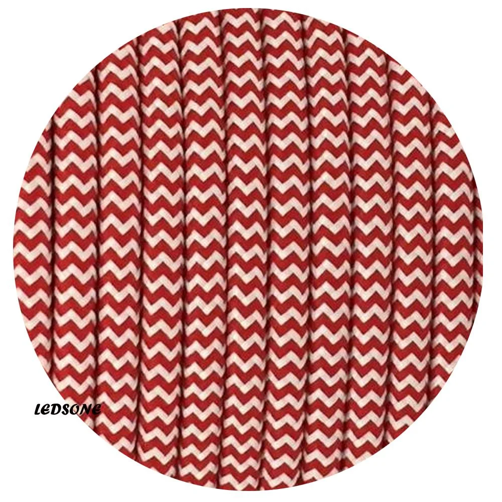Red and white 3‑core braided fabric cable, round, showing 0.75mm cores, labelled 300V fabric cable, indoor use