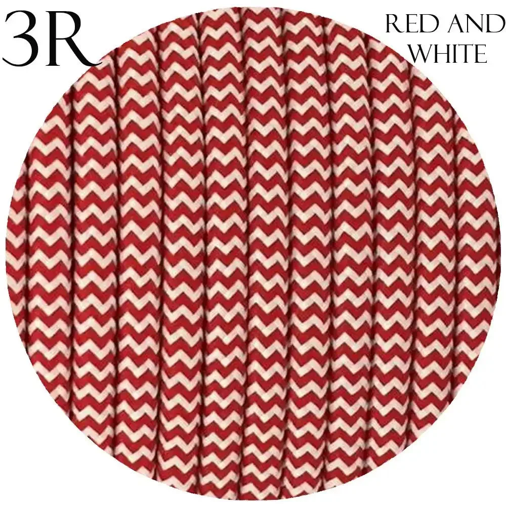 Red and white vintage braided fabric cable, 3‑core round, 0.75mm cores, 7mm diameter, 8 amp rating, indoor use