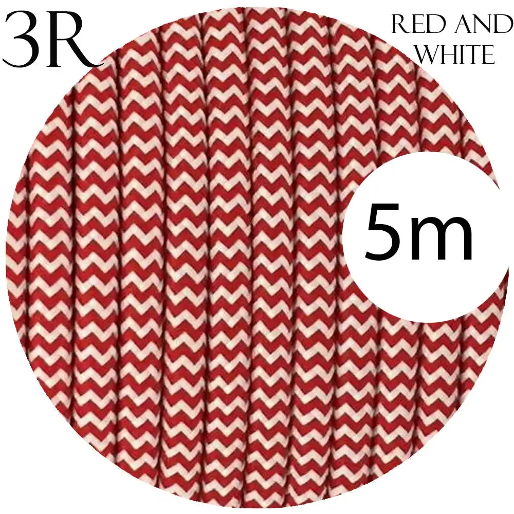 A 3‑core round vintage braided fabric cable in red and white, showing its fabric covering, double insulation, and 7 mm outer diameter.