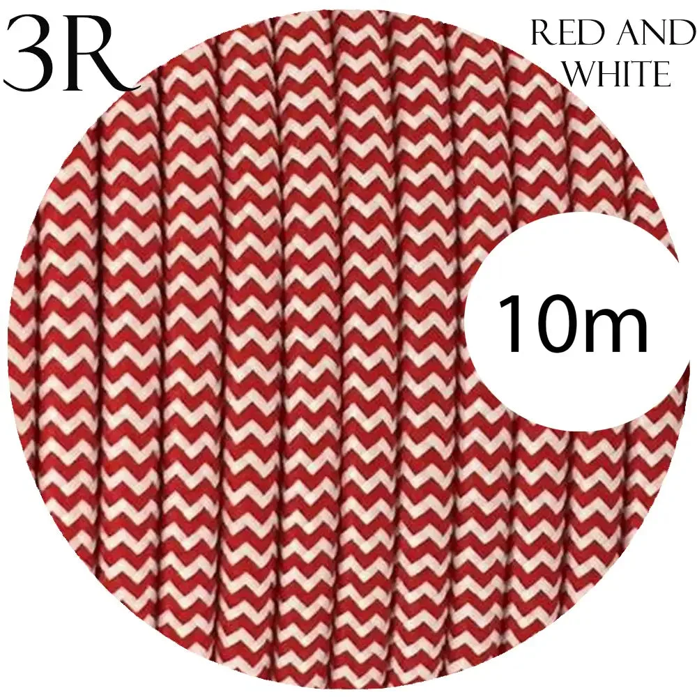 Red and white vintage braided fabric cable, 3‑core round with 0.75mm cores, 7mm outer diameter, 2m length displayed on a table.