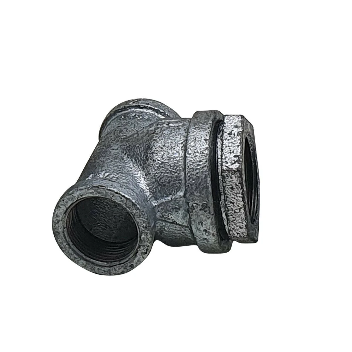 Black galvanised tee pipe connector, cast iron, 3/4" axial, 4 mounting holes for DIY projects.