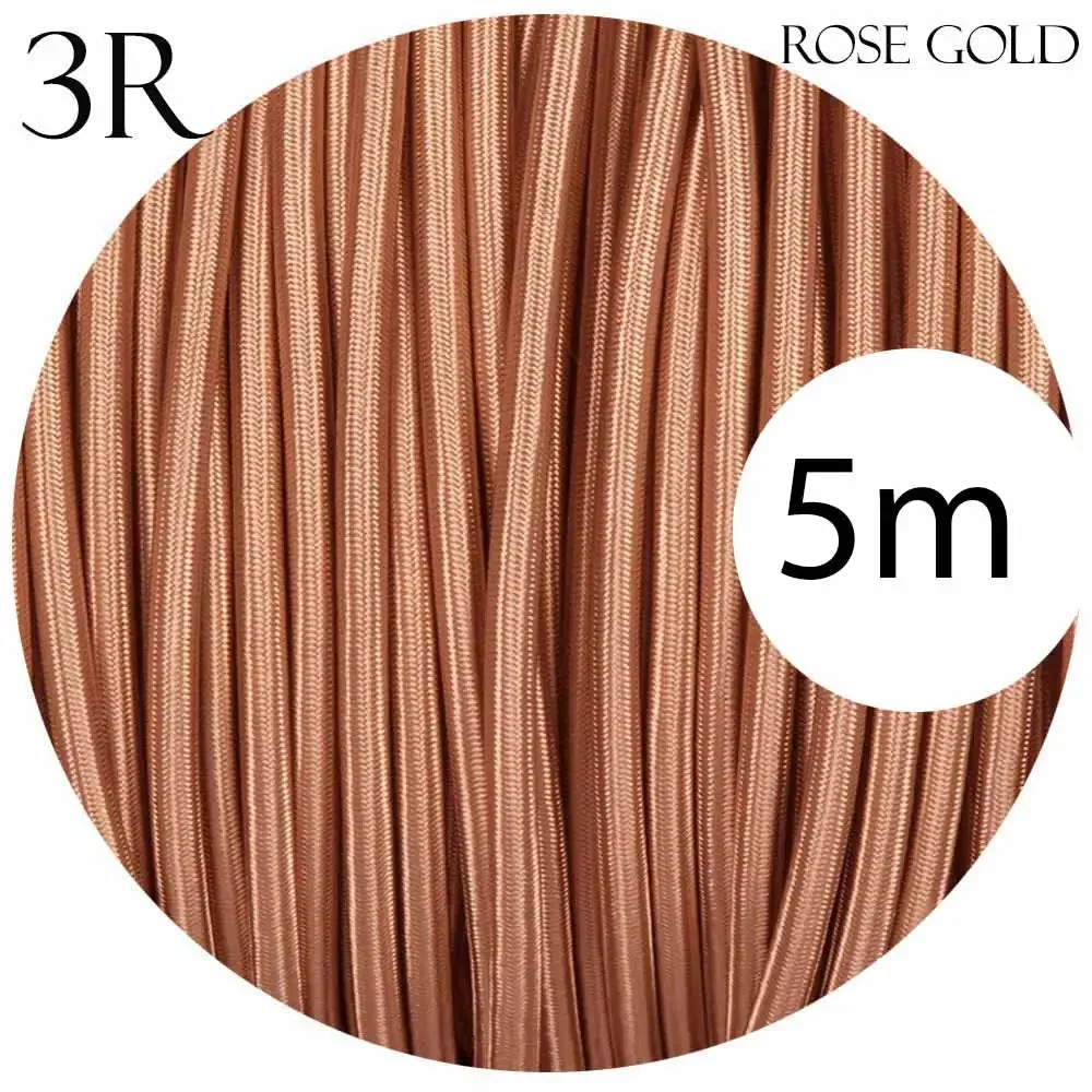 Rose gold 3‑core braided fabric cable, 0.75mm cores, 7mm diameter, 5m length, indoor braided flex for modern lighting.
