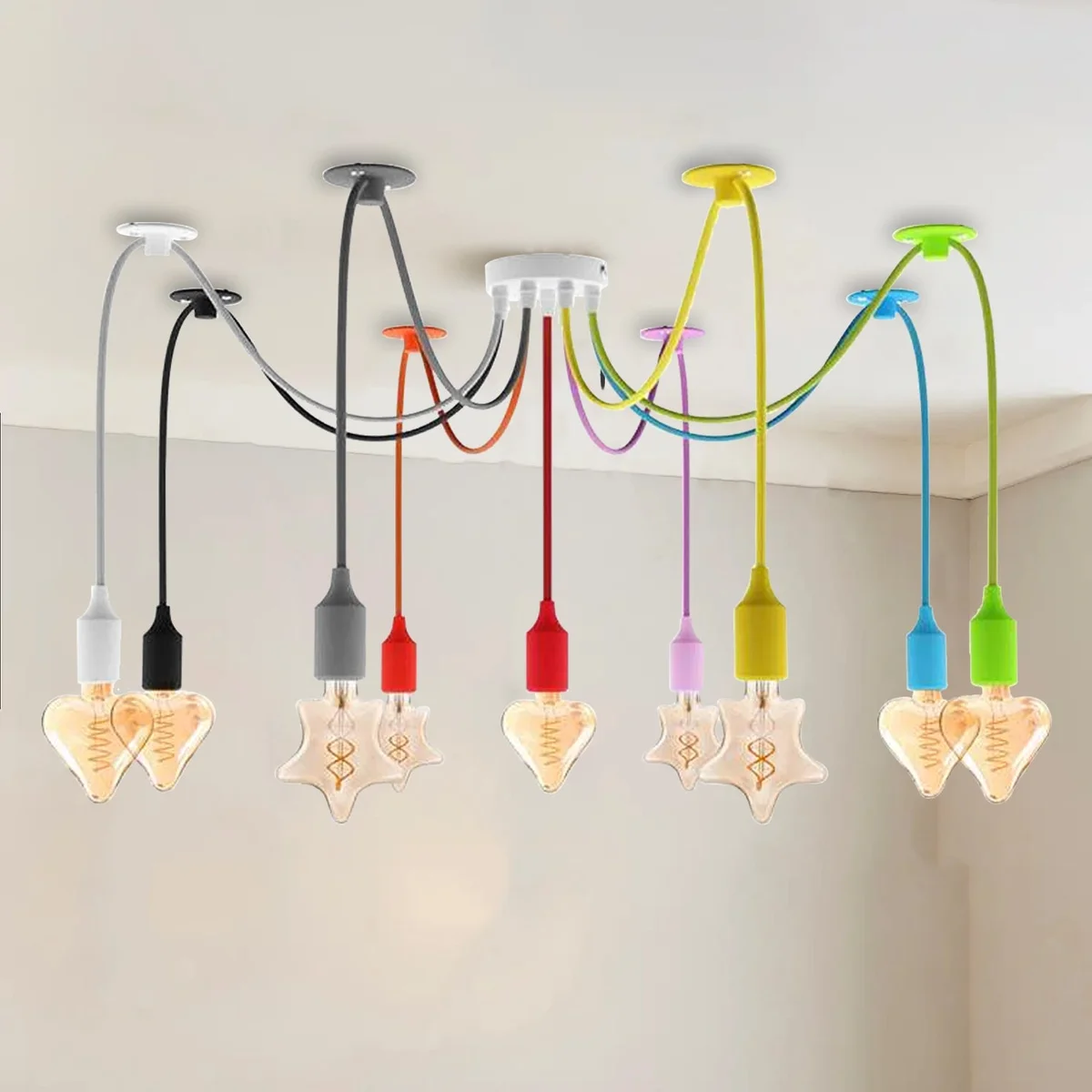 9 head pendant light with spider‑style frame, colorful hanging lights and fabric cables, hanging from ceiling rose