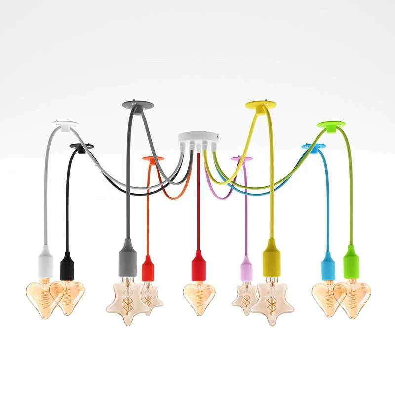9‑head multi colour pendant light with flexible swag hook, modern spider design and adjustable fabric cables.