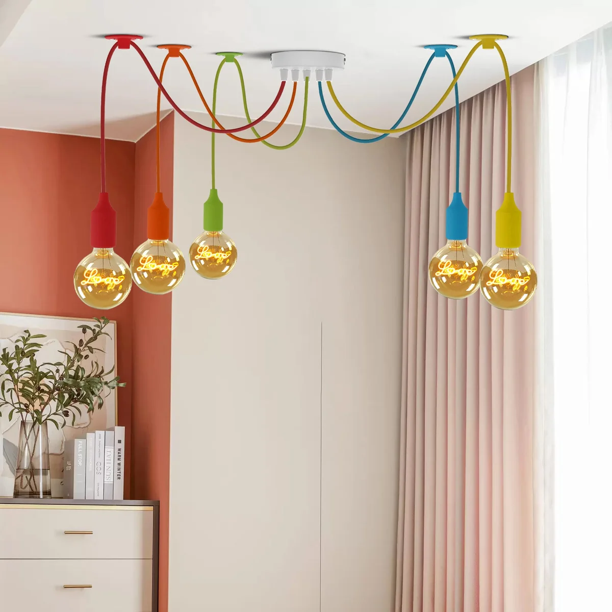 Five‑piece adjustable pendant light cluster in multiple colours, each with a flexible cable and metal holder, vintage style