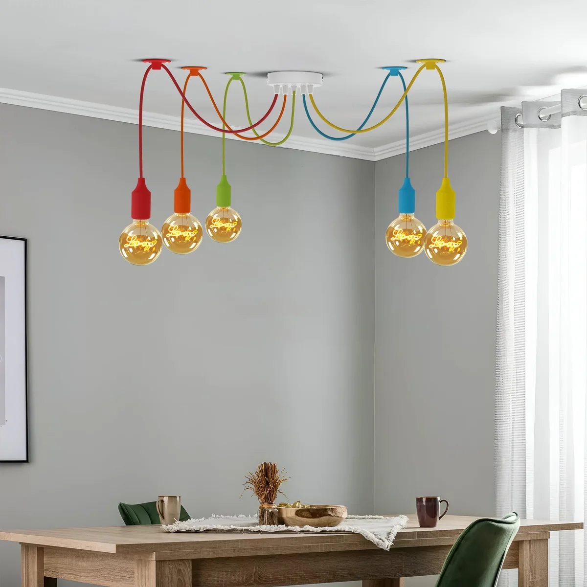 Five‑head spider shaped adjustable pendant light, bright multicoloured cables, metal holders, silicone covering, indoor style