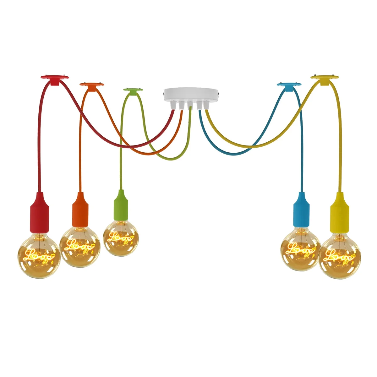5‑head adjustable pendant light with color‑changing fabric cables, metal hooks, and silicon‑covered E27 holders