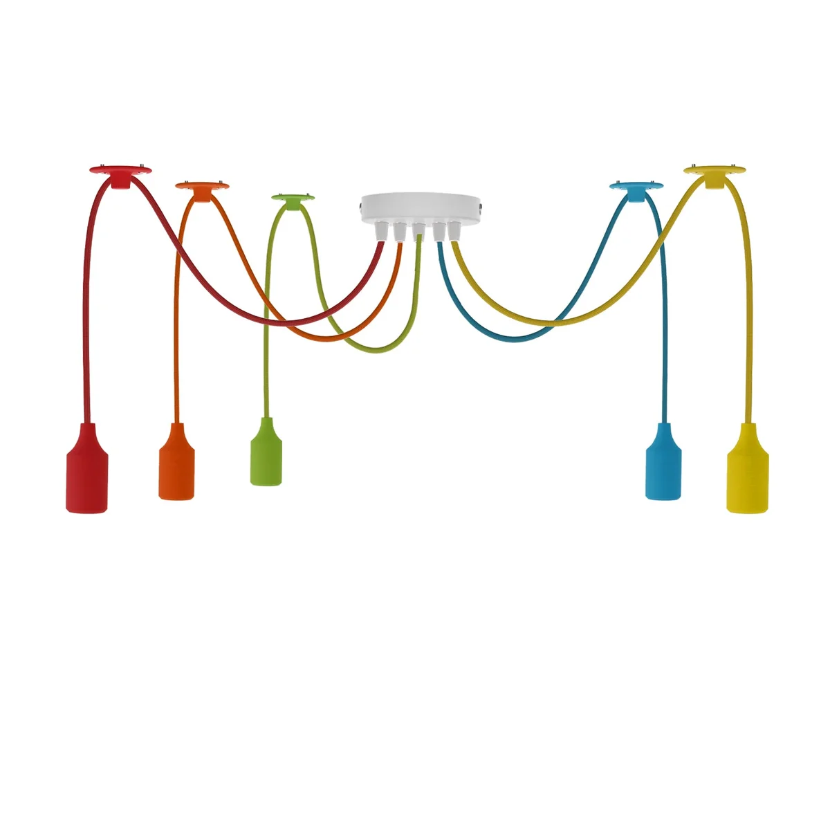 Adjustable pendant light with five multi‑colour fabric cables, E27 holders, hook and ceiling rose