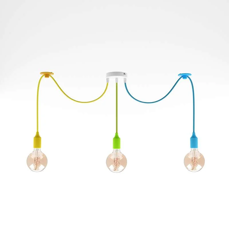 Three adjustable pendant lights hanging from a ceiling rose, featuring fabric cables, metal frames and bright LED bulbs in various colours