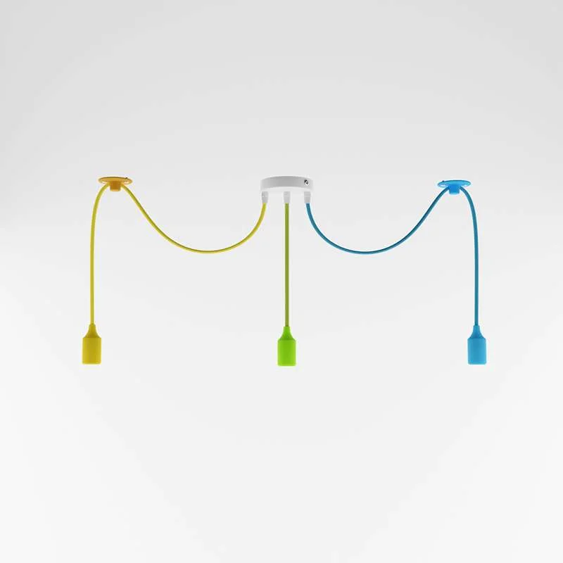 Three‑head adjustable pendant light with colourful fabric cables, vintage style, metal hooks.