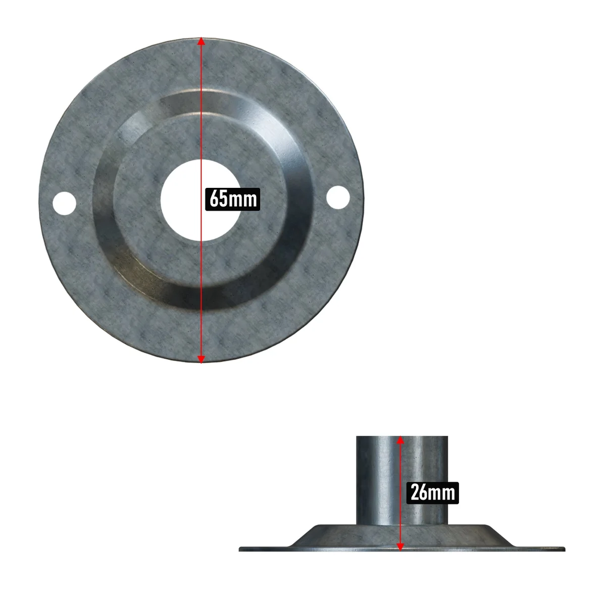 20mm conduit dome cover made of galvanized steel, fitting snugly into a pipe base, clean geometric dome shape