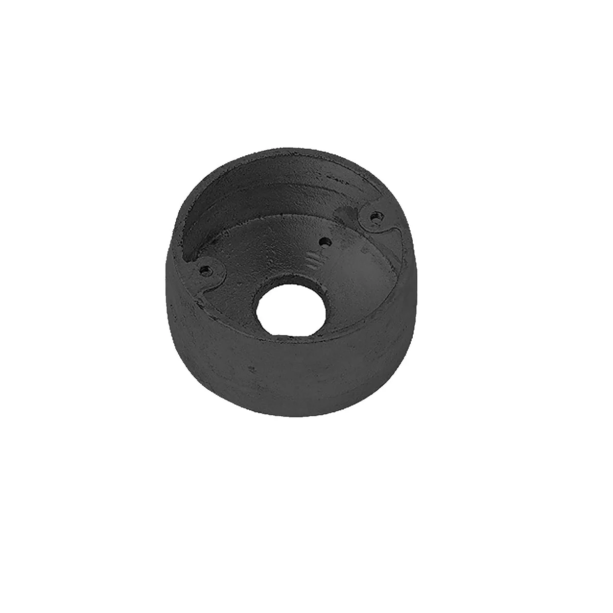 Black circular conduit junction box made of galvanized iron, vintage style with metal trim and mounting holes.