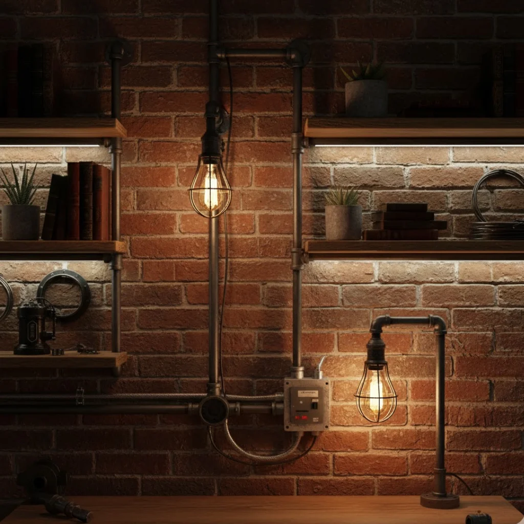 Black circular cast‑iron junction box with a seamless flange, a pipe lighting accessories fitting for durable wiring.