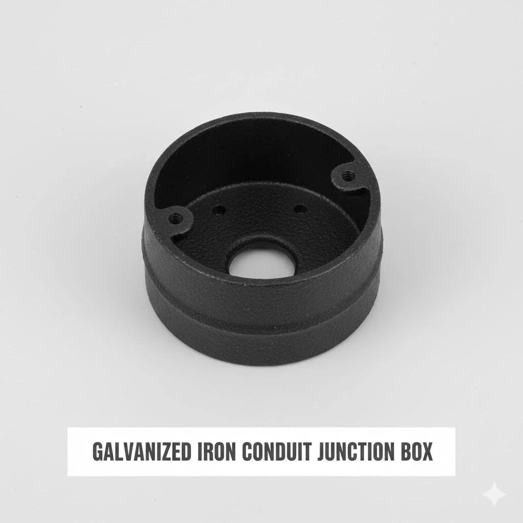 Black circular industrial conduit box made from malleable iron, showing rounded corners and metal finish