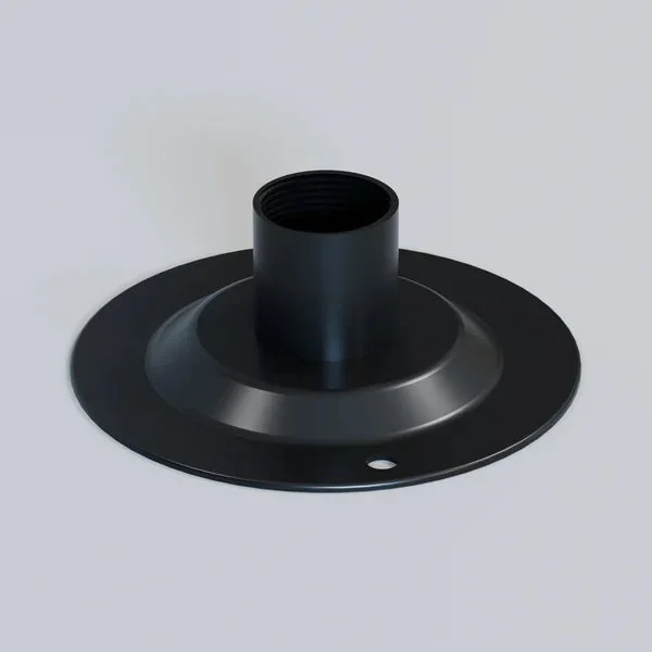 Black dome cover for 20mm conduit made of corrosion-resistant metal, snug fitting on pipe.