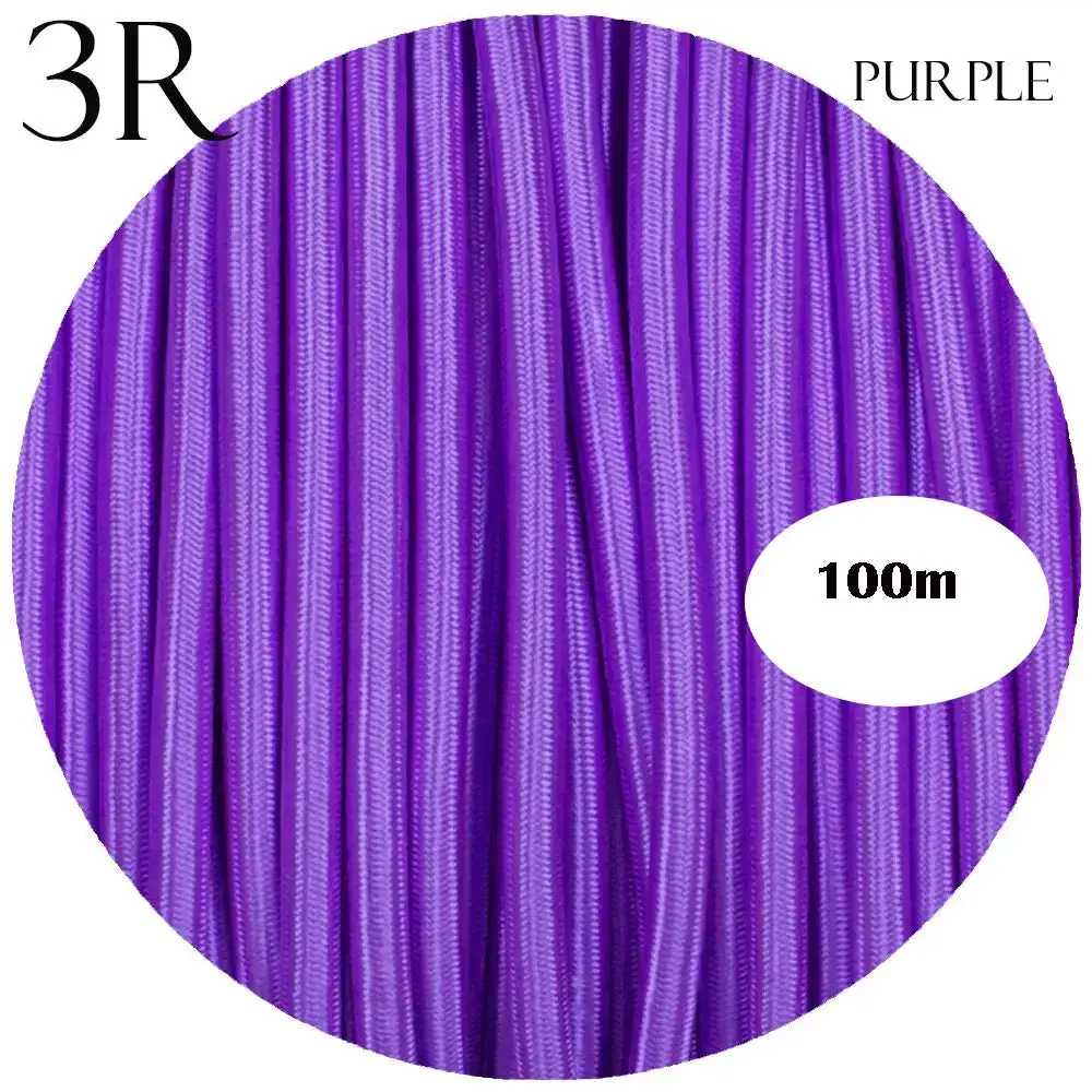 Vintage braided fabric cable, 3‑core purple coiled rope, 7mm diameter, dyed fabric finish, shown in coil.