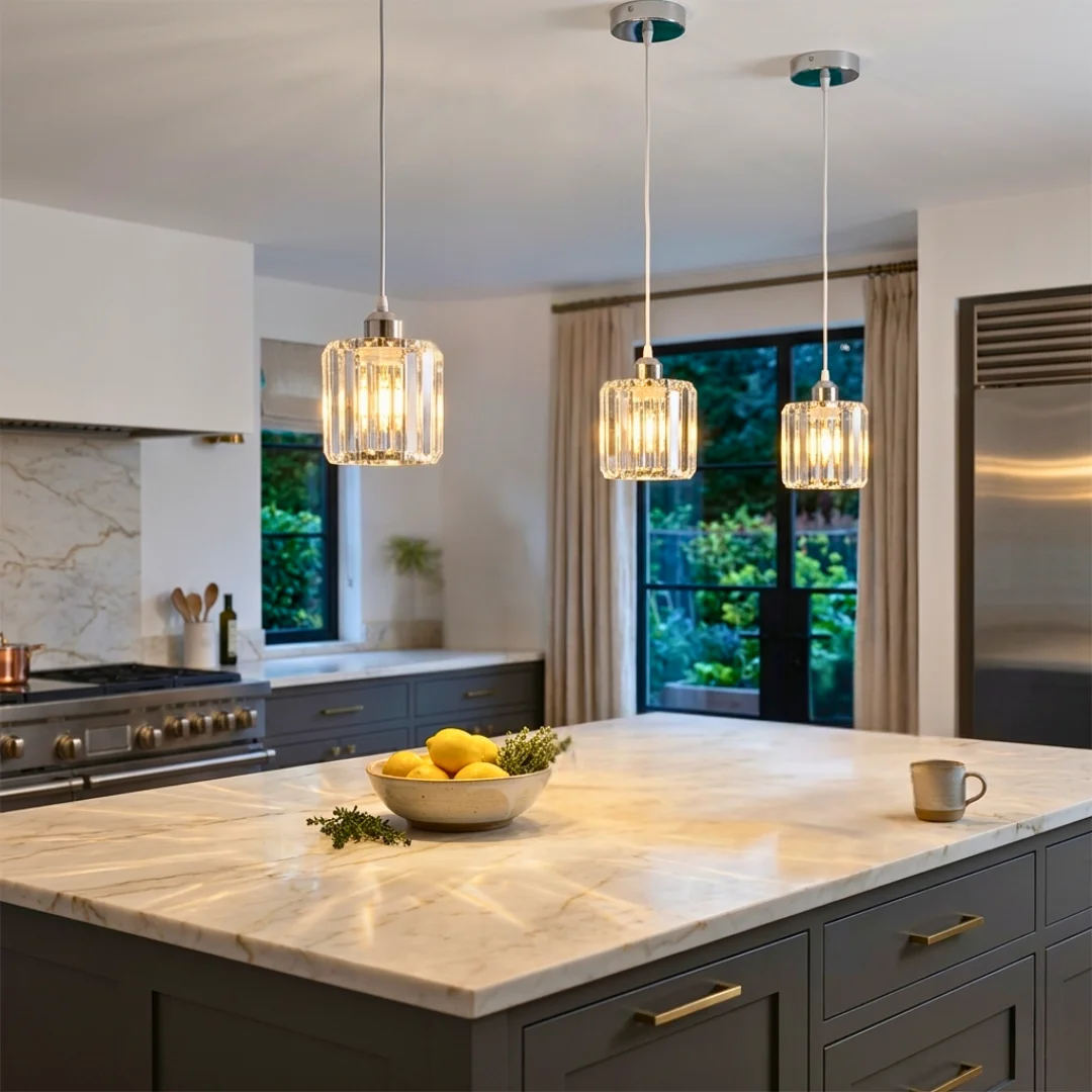 Round mini chandelier with crystal glass shade and metal frame, available in chrome, gold or black finish, hanging over a kitchen island.