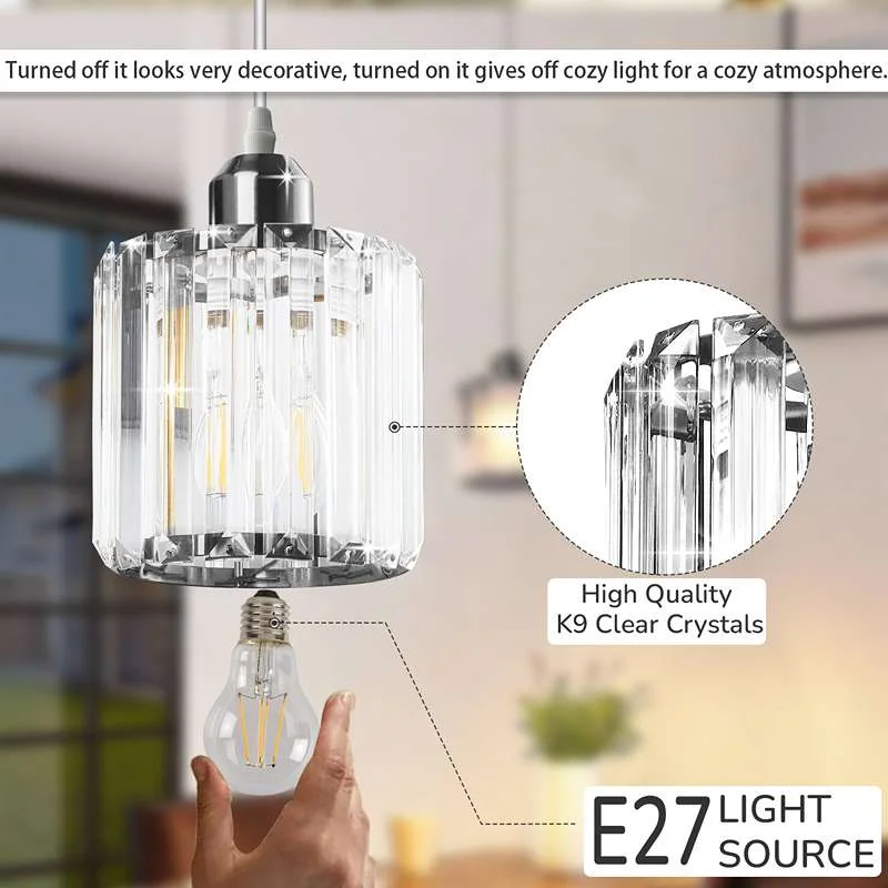 Round crystal pendant light with metal frame and crystal shade, chrome finish, dimmable pendant light for kitchen or dining.