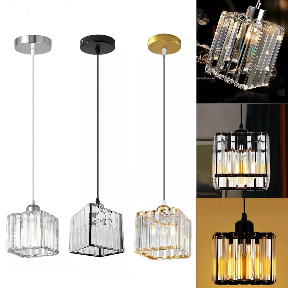 Round crystal glass shade light with metal frame, chrome finish, hanging from ceiling above kitchen island.