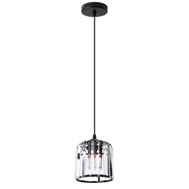 Round crystal pendant light hanging from ceiling, metal frame with crystal shade, chrome finish, light‑up kitchen island