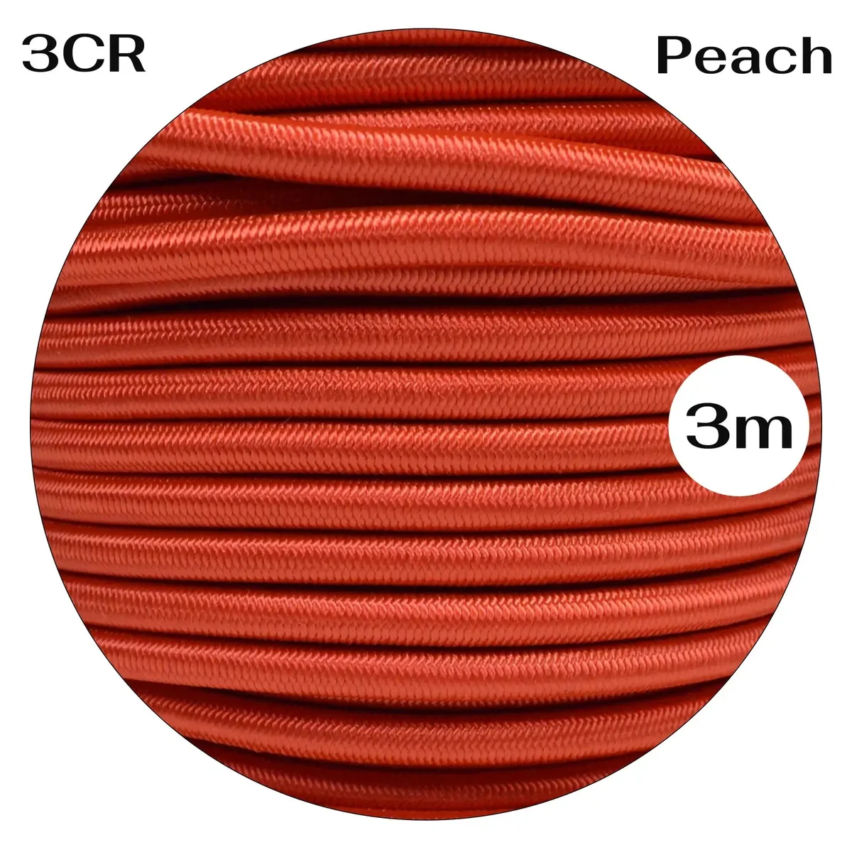 Peach‑toned round 3‑core fabric cable with Italian braided texture, coiled, illustrating a retro style cable